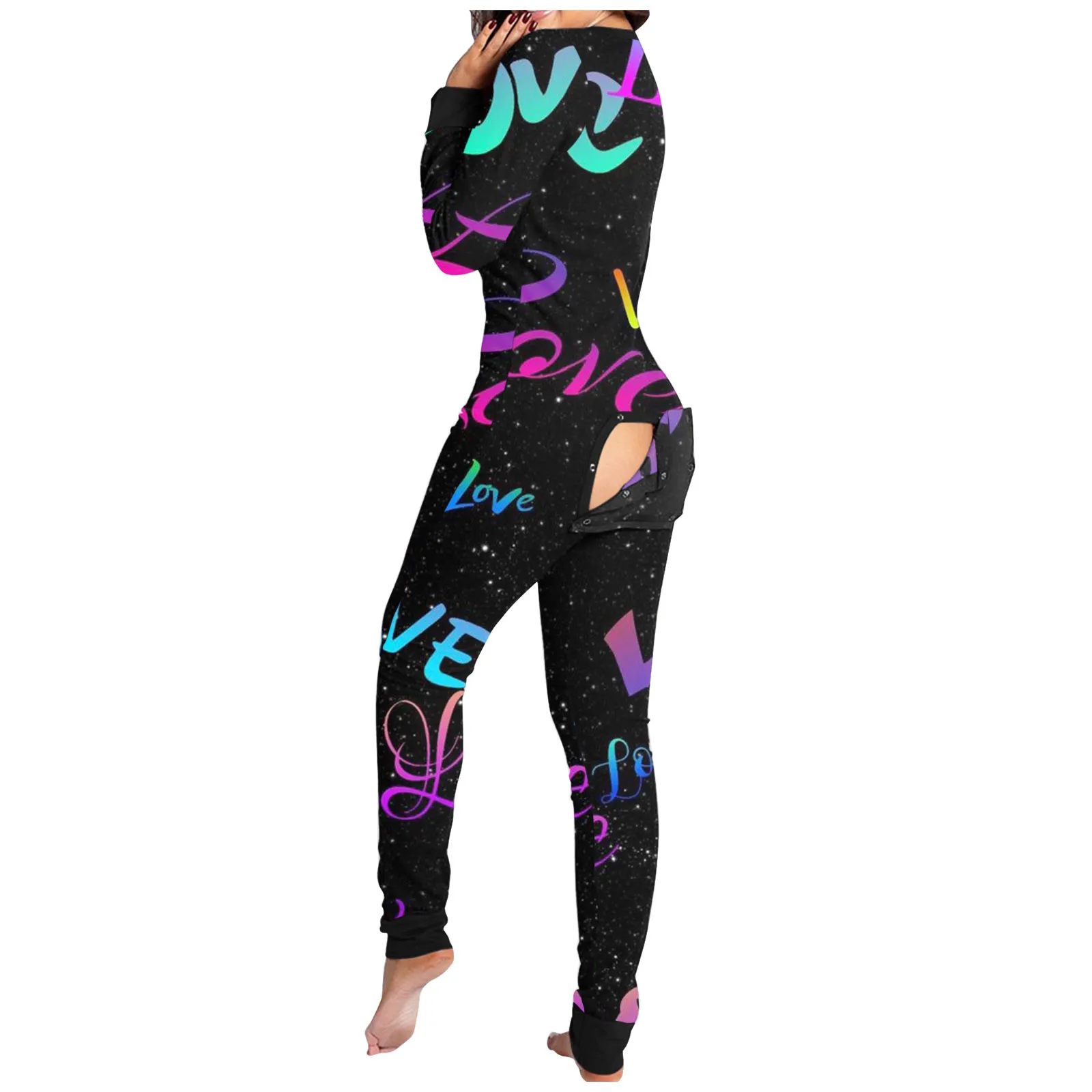 Women Bodysuit Sleep Wear Set Love Letter Print Onesies With Butt Flap For Adults Valentine Sexy Sleepwear Romper Women's Jumpsuit Open Butt Pajamas Nightwear