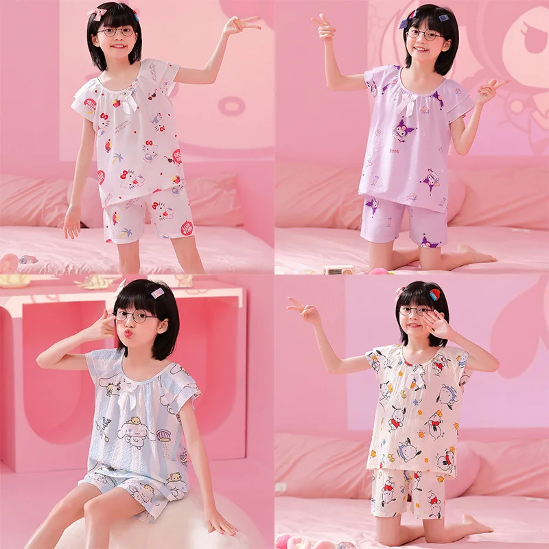 

Cute Anime Sanrios Mymelody Kuromi Cinnamoroll Children's Pajamas Kawaii Cartoon Short-Sleeved Shorts Pajamas Set Loungewear