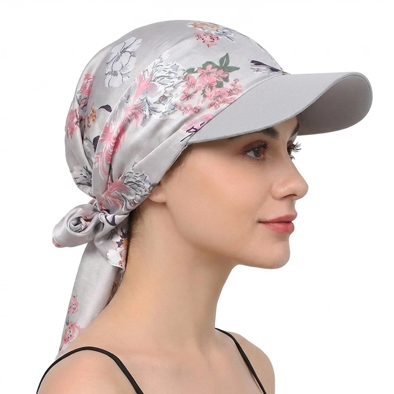 Women Fashion Printed Satin Headscarf Hat with Brim Sun Hats Summer Soft Breathable Headscarf Caps Baseball Cap
