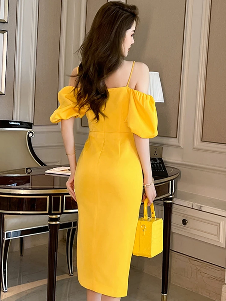 Fashion Summer Evening Party Dress Women Luxury Glitter Yellow