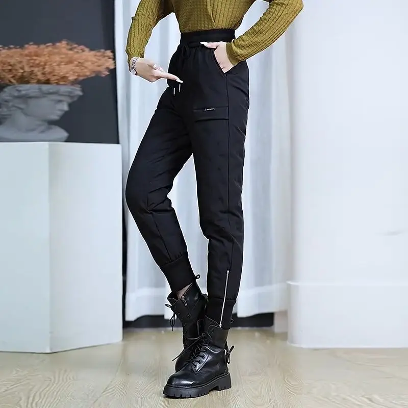 Women's Autumn Winter New High Waist Down Cotton Pants Fashion Simple Solid Large Fleece Thickened Loose Casual Slimming Pants