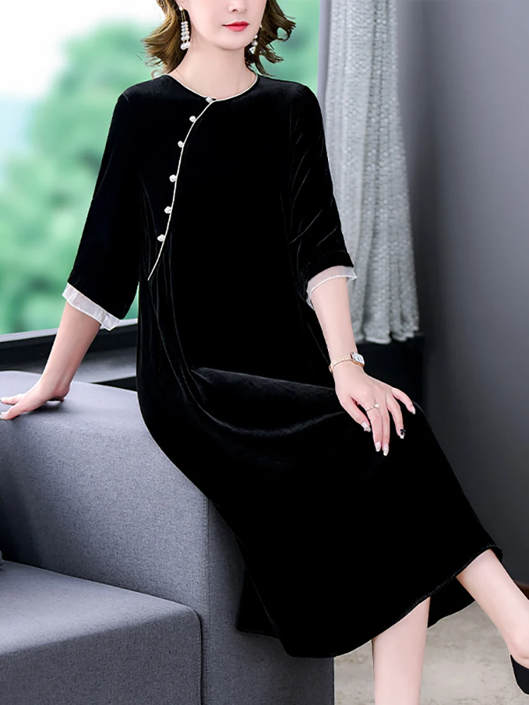 

2024 Floral Velvet International Brand Dresses Women Elegant Luxury Party Evening Dress Autumn Winter Korean Vintage Prom Dress