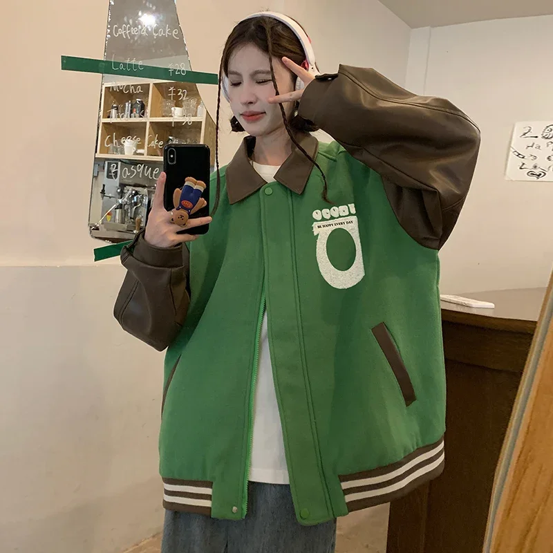 2023 Autumn New Jacket Women American Vintage Pu Leather Splicing Jacket Men and Women Baseball Jacket Coat Female Winter Jacket