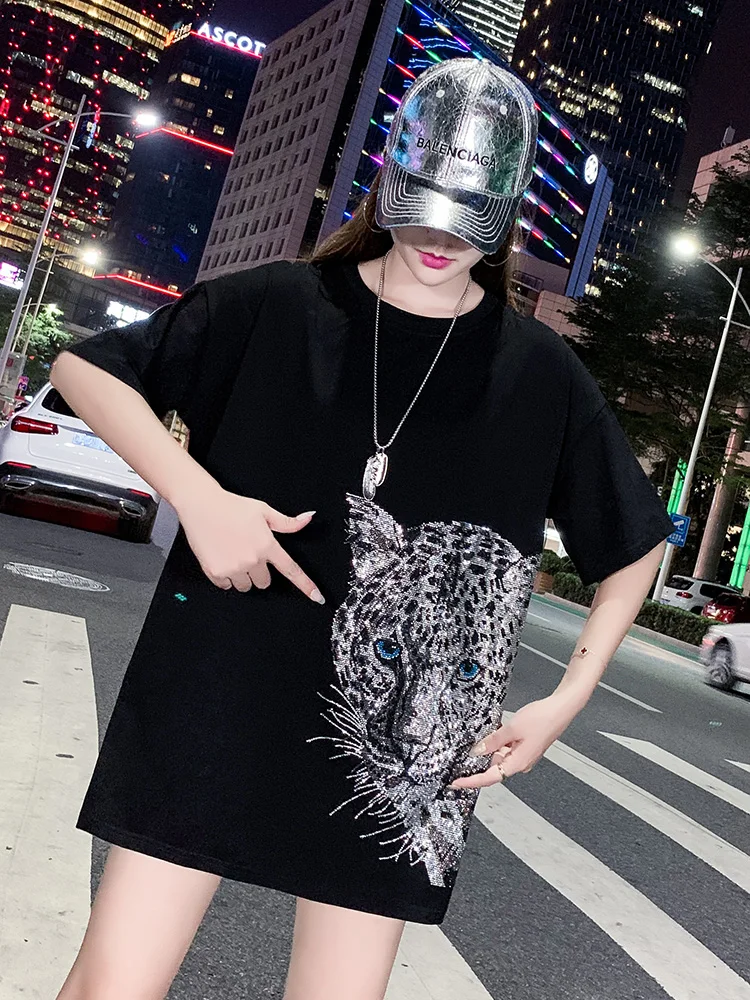 

2023 Korean Fashion Light Luxury Brand Leopard T- Shirt Women Summer High Quality Diamond Letter Loose Short Sleeve Tops Y2K