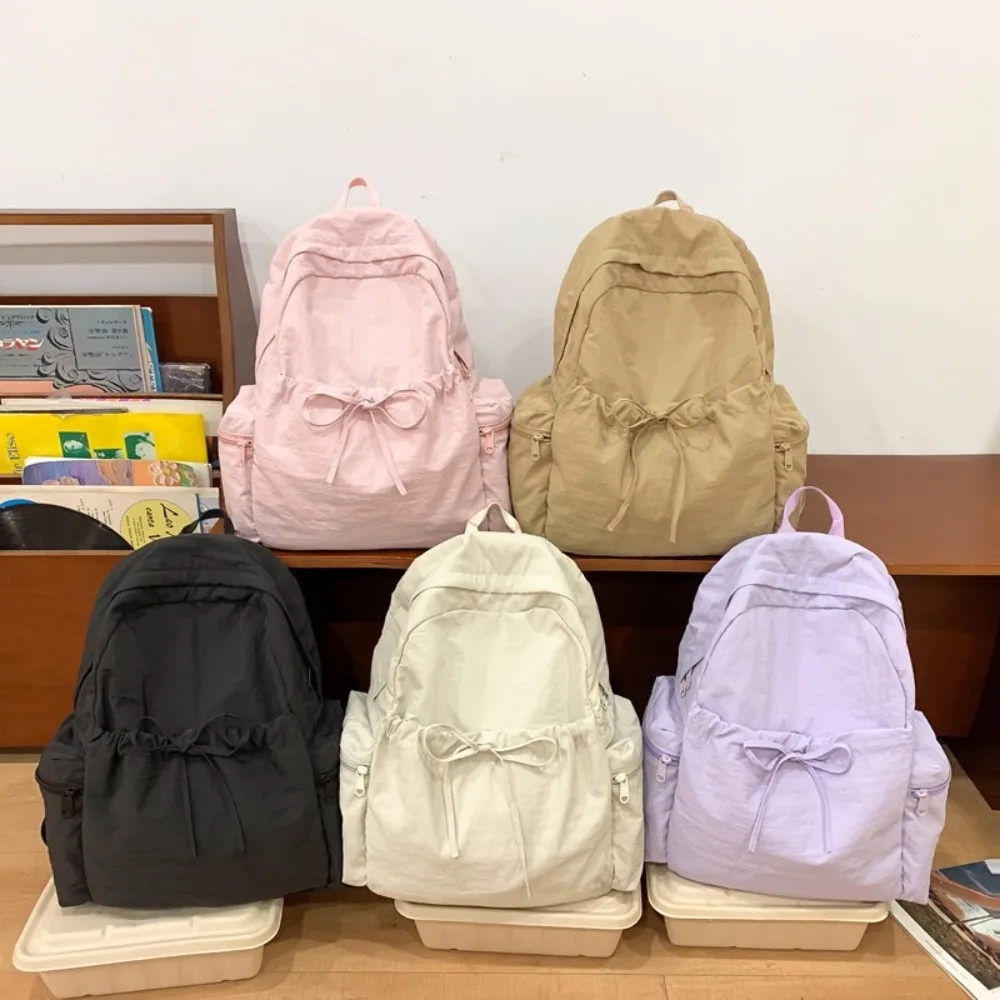 Japanese Style Student Backpack Solid Color Bow Travel School Bag Lightweight and Fashionable Women's Backpack New Simple Casual