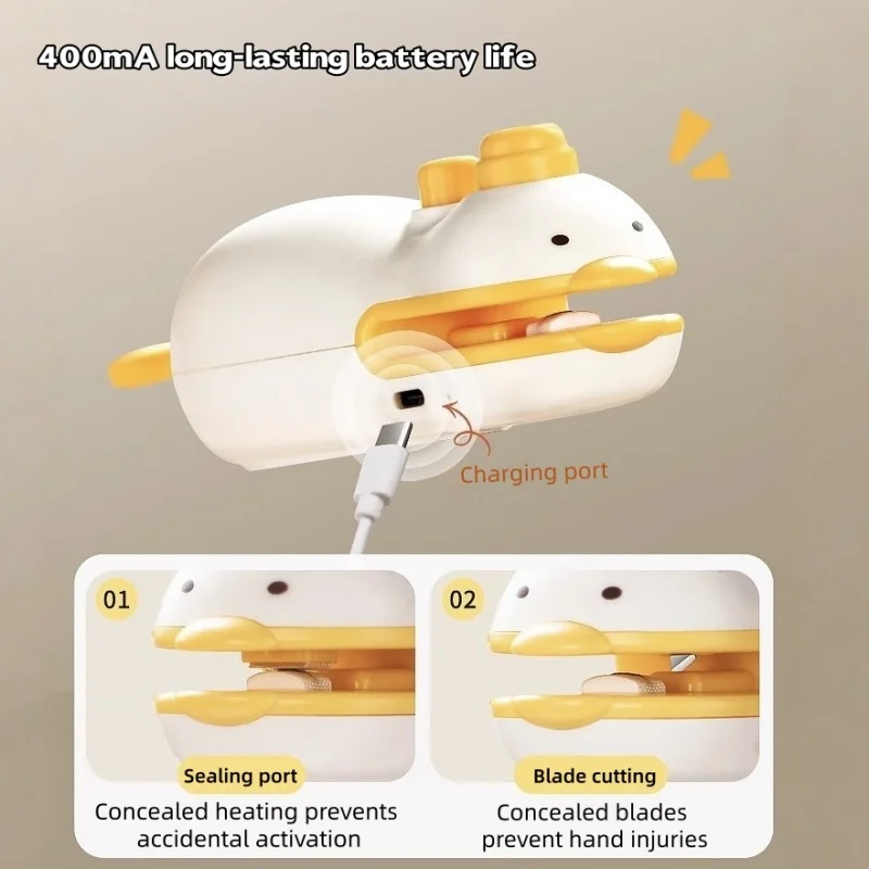 Cute Duck Rechargeable Handheld Sealer, ABS Silicone 400mAh Portable Seal Cutter for Snack Spice Pet Food Fruit Bags 3