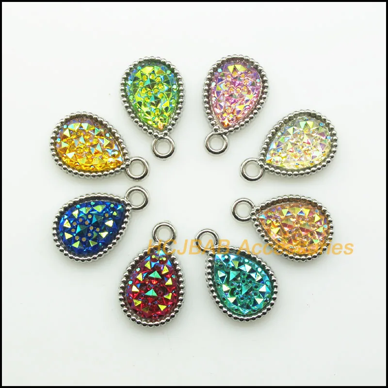 

16 New Graininess Mixed Resin Charms Dull Silver Plated Retro Teardrop Pendants 13x21mm