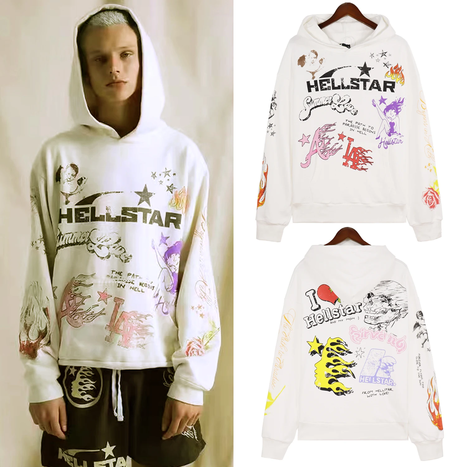 

Hellstar High Street Retro Flame Unicorn Arm Graffiti Hip Hop Skull Heart Print Loose hoodie for men and women