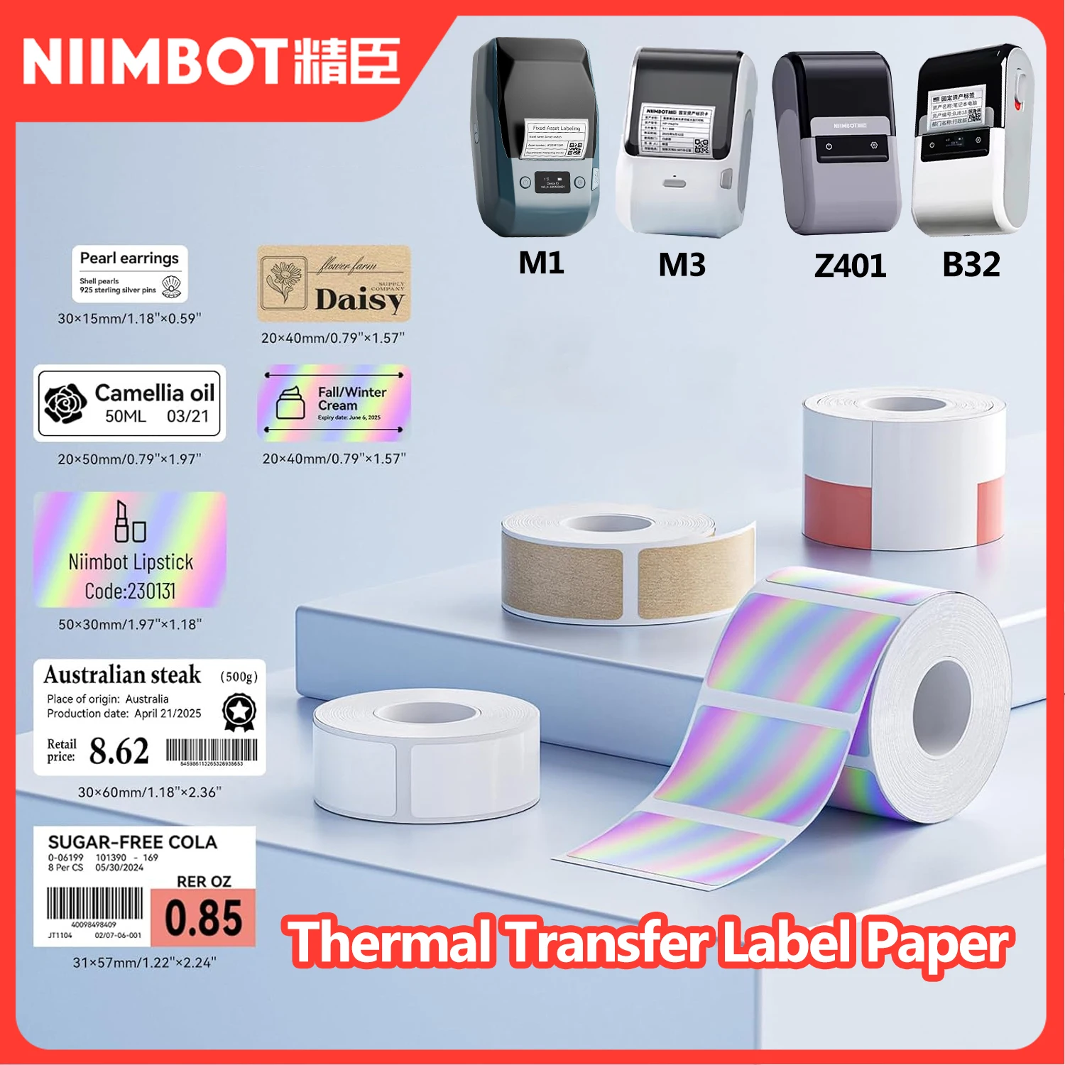 Transfer Label Paper For NiiMBOT M2 M3 Z401 B32 Thermal Transfer Label Printer White Transparent Color Laser Sticker Keep-Long