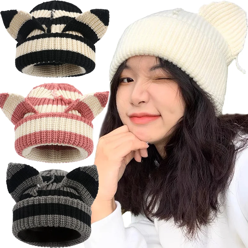 

Y2K Cat Ear Ears Knitted Caps Women Girls Cute Little Devil Beanies Striped Hat Winter Warm Beanies Skullies Cap Streetwear