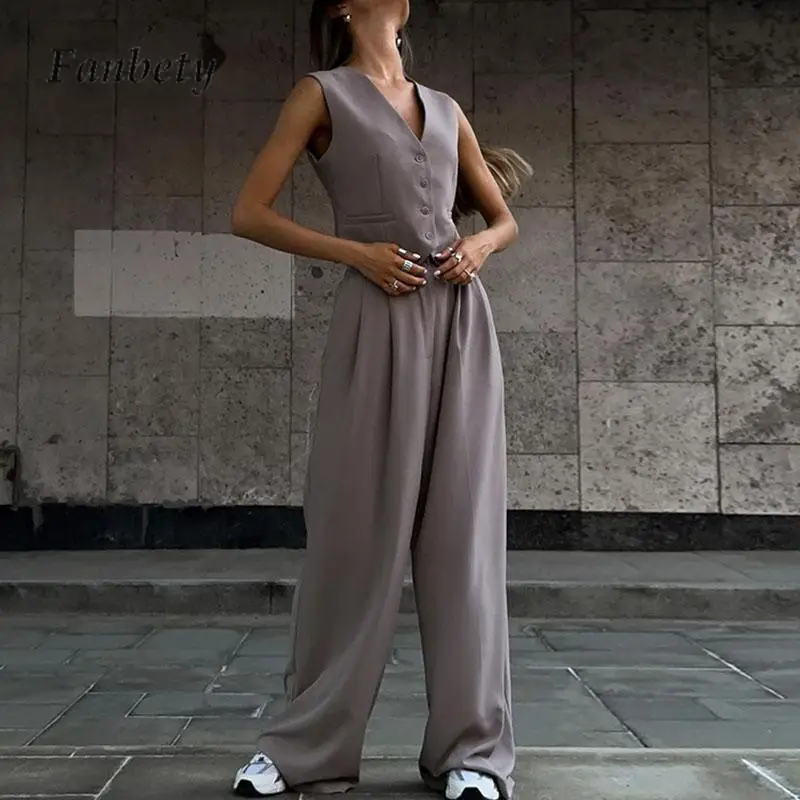 

Office Ladies Commute Tracksuit Outfit Women V-neck Sleeveless Vest & High Waist Wide Pants Set Summer Solid Color Two Piece Set
