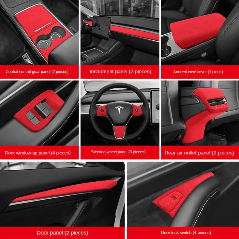 

For Tesla Model 3 Model Y Interior Dashboard, Door Handle Switch, Centrol Conslole Cup and Armrest Decoration Moulding Alcantara