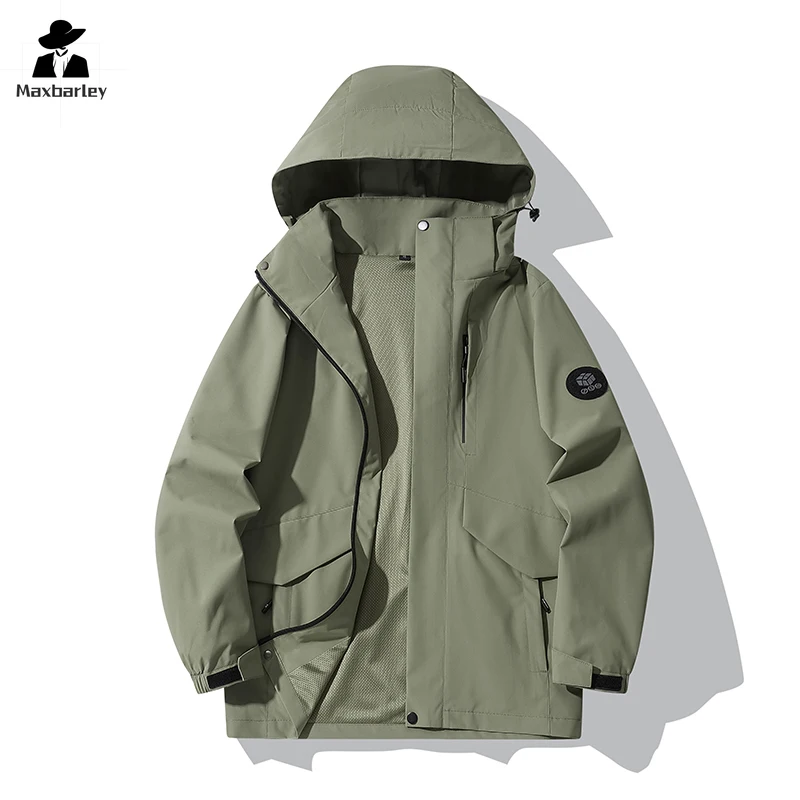 2024 Spring New Jacket Men's Single Layer Sprint Coat Outdoor Leisure Detachable Hat Windbreaker Couple Camping Waterproof Coat