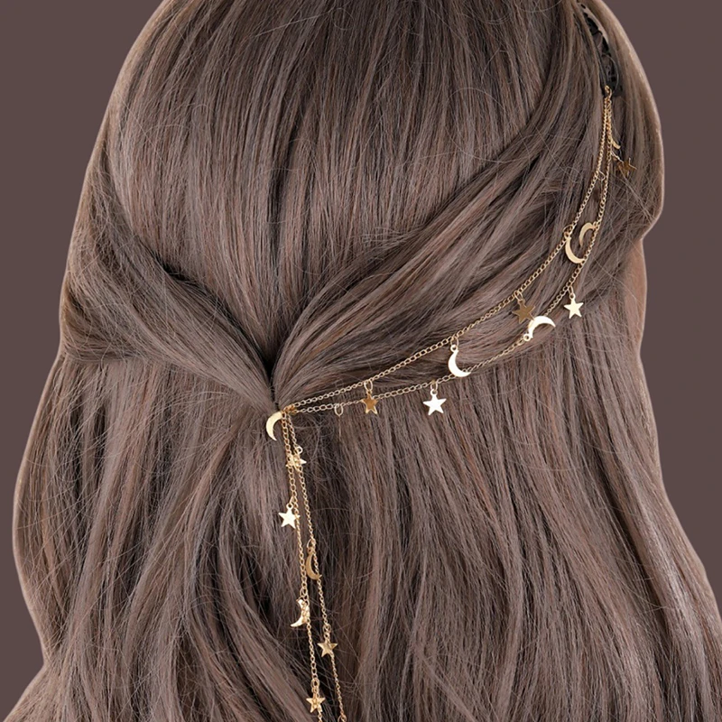Enchanting Moon and Star Braided Hair Chain - Elegant Shiny Hair Accessory