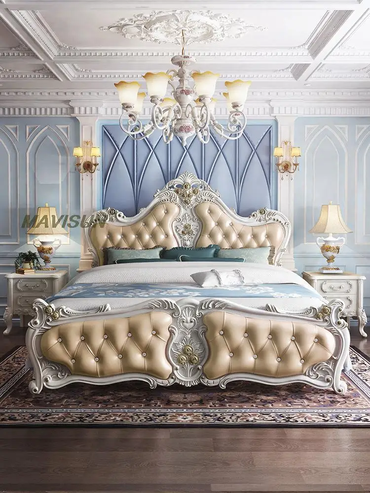 Champagne Gold Light Luxury European Double Bed Classic Wedding Bed High Quality Leather Solid Wood Frame Furniture For Bedroom