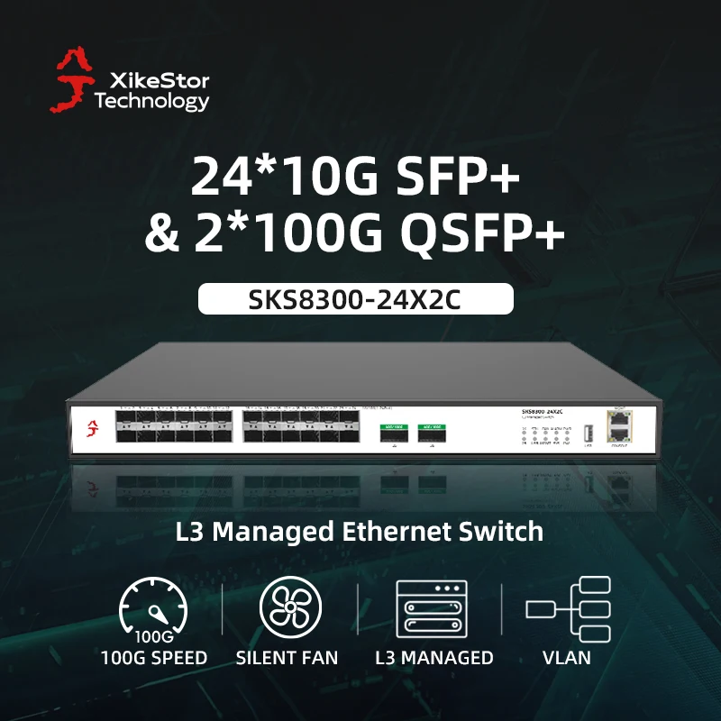 

XikeStor 10G 100G All SFP+ L3 Managed Switch 24-Port 10G SFP+ & 2-Port 100G QSFP+ Ethernet Switch Support VLAN WEB/CLI Managed