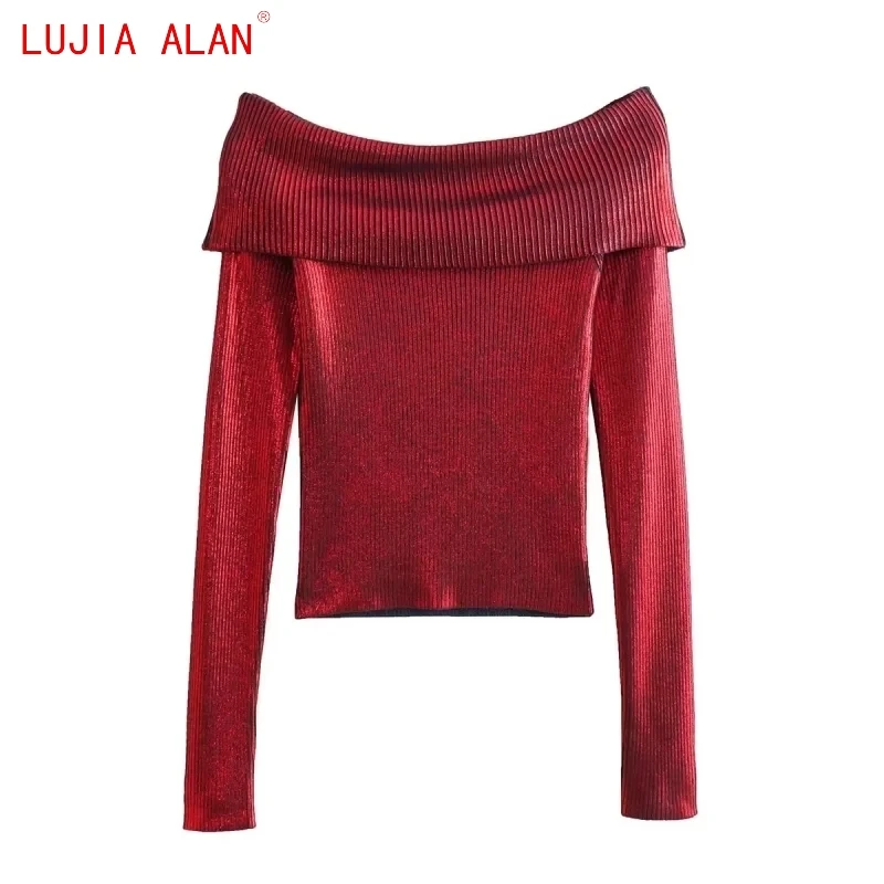 

New Women Off Shoulder Slash Neck Red Knitted Sweater Female Long Sleeved Pullover Casual Slim Fit Tops LUJIA ALAN SW2908