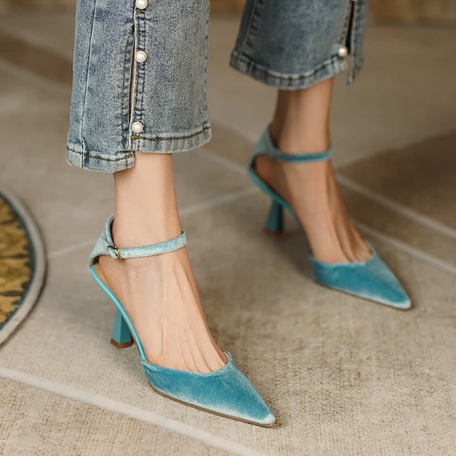 Baby Blue Velvet Pointed Toe Back Empty 