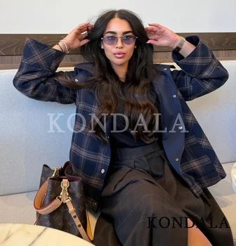Veste à capuche à carreaux tendance KONDALA pour femme, veste ample à boutons, mode printemps-automne 2026, décontractée, pour le travail, veste pour femme