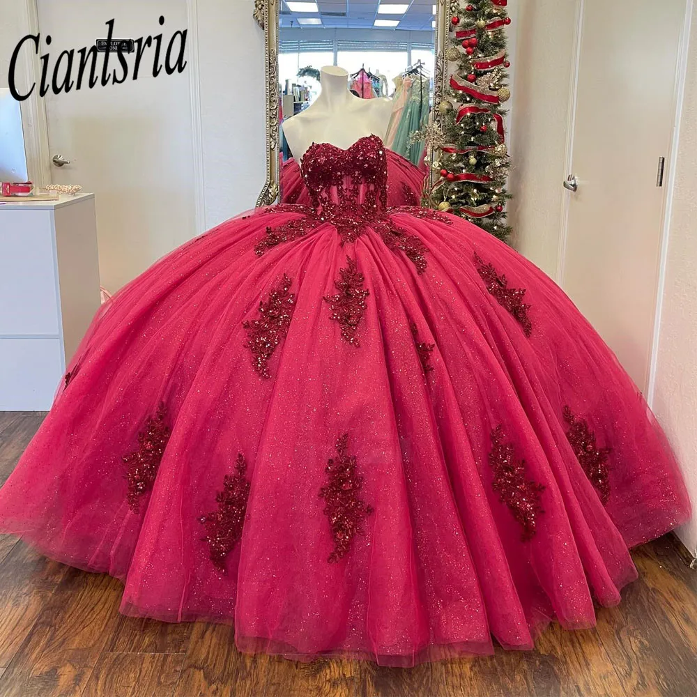 

Red Sweetheart Beading Crystal Ball Gown Quinceanera Dresses Sleeveless Appliques Lace Corset Sweet 16 Vestidos De XV Años