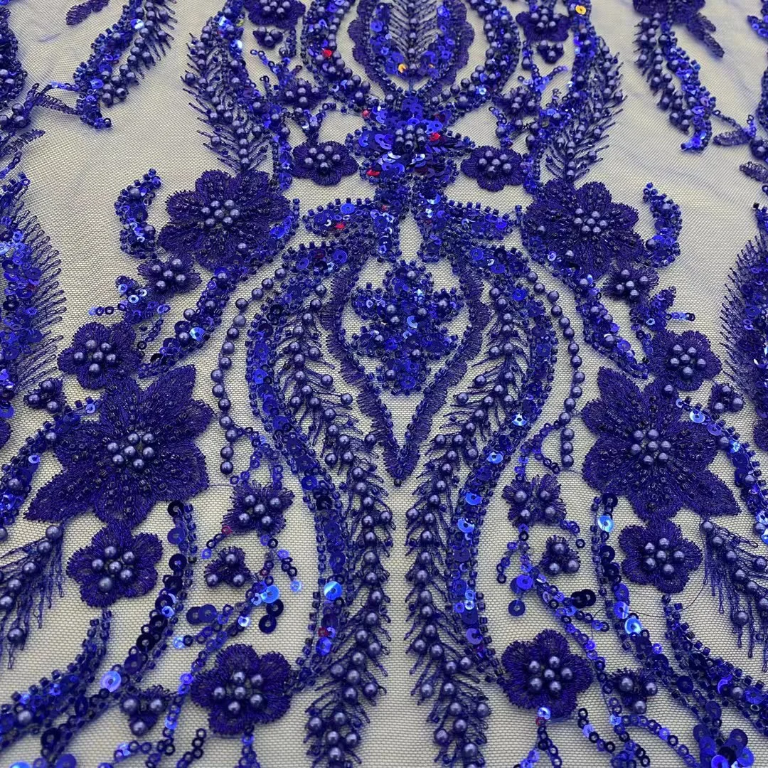 

(5 ярдов/шт.) Высококачественный Африканский Свадебный Тюль с бисером, кружевная ткань с отличной вышивкой из жемчуга и блесток для вечернего платья FRX106