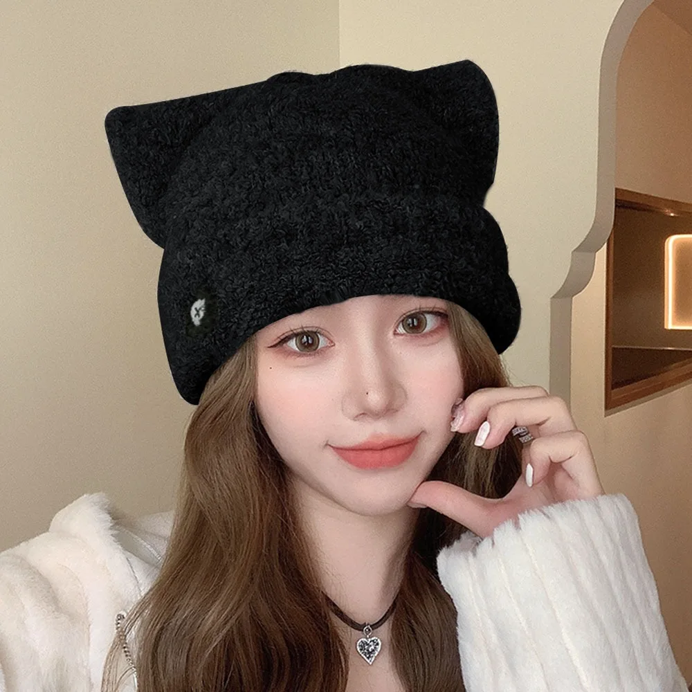 New Y2k Cat Ear Beanies Warm Ear Protection Plush Knitted Hat Soft Love Embroidered Warm Hat Autumn and Winter 2