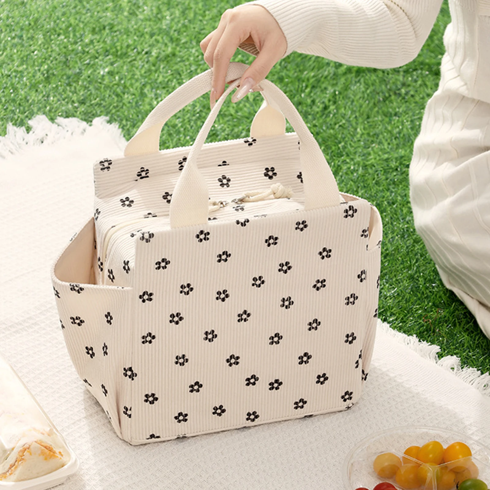 Corduroy Thermal Insulation Lunch Bag Large Capacity Lunch Tote Bag Portable Handbags for Work Picnic Travel Office