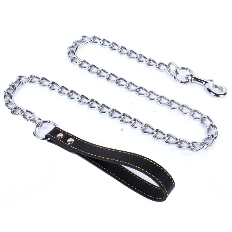 

Chain Leash for Large Dogs Metal Chain Leash Chew Proof Heavy Duty Stainless Steel Dog Leash Chain with Leather Padded Handle