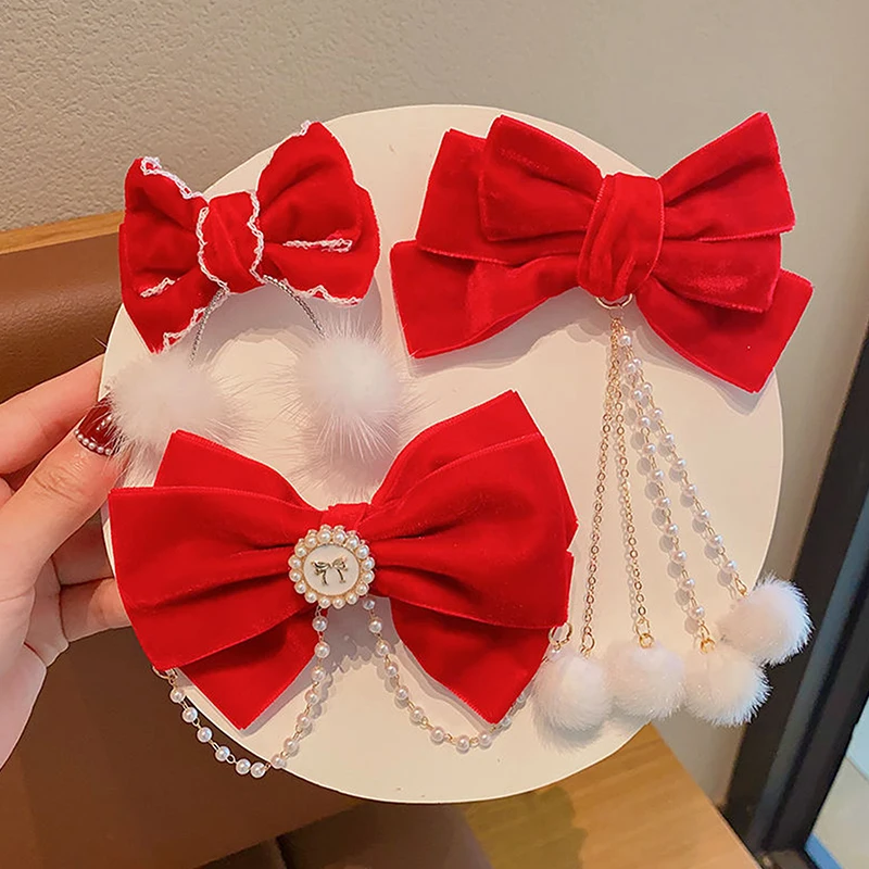 

Chinese New Year Red Hair Clips Bowknot Flower Tassel Hairpin Headwear Girls Chinese Traditional Hair Clips Jewelry Kids Gift