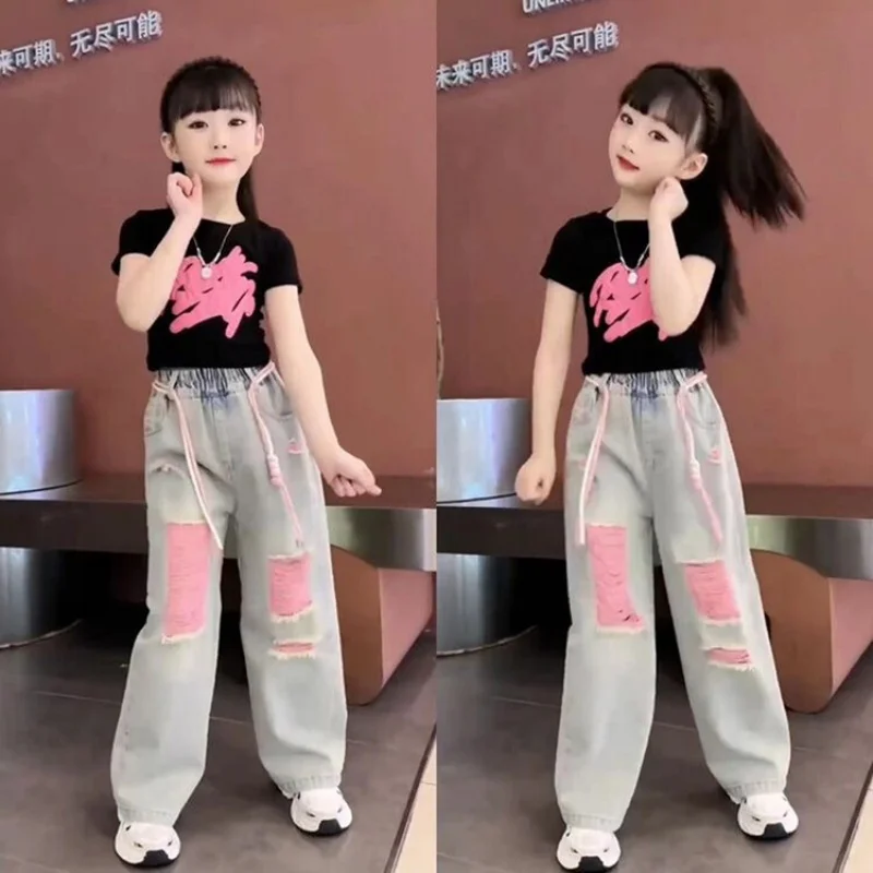Children's 3D Graffiti Short Sleeve + Colorful Denim Ripped Pants Set Children's Suit Girls' Set kids clothing set,girls clothing set