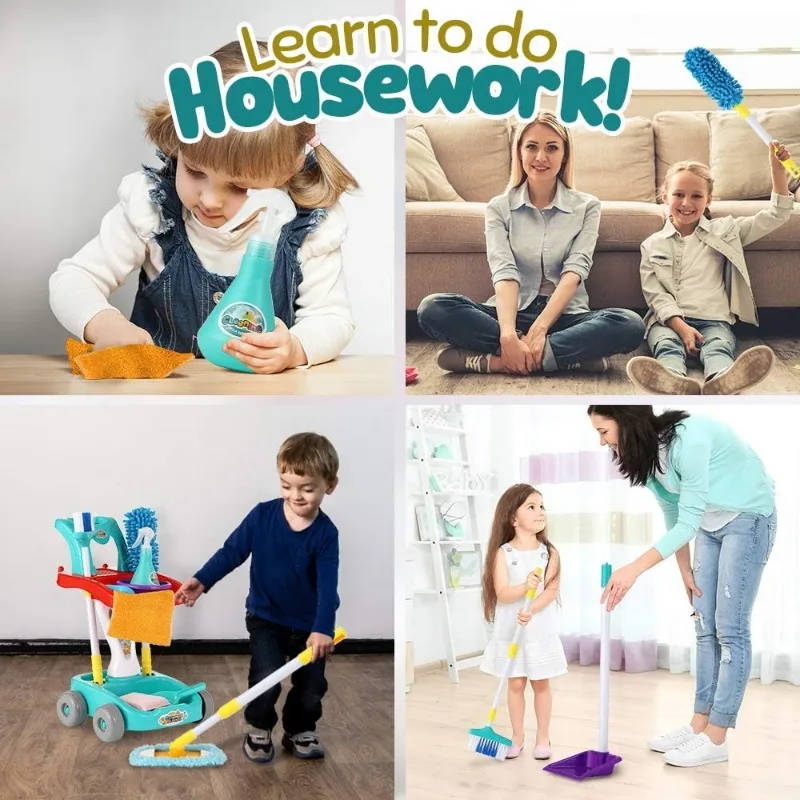 Kids Cleaning Toy Set with Broom Dustpan Mop Spray Bottle Pretend Play House Cleaning Cart Toy Early Educational for Kids