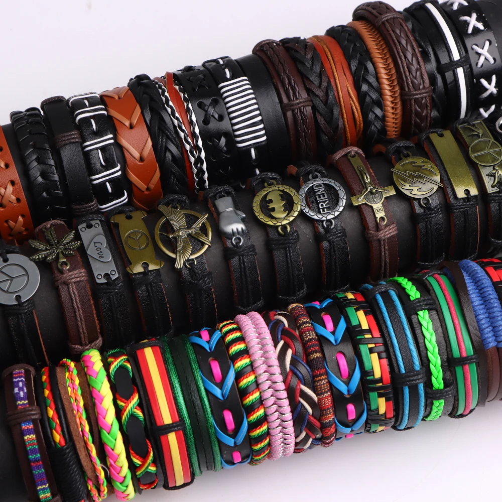10/20/30/50 Teile/los Leder Retro Punk Metall Armbänder Für Männer Frauen Mix Stil Legierung Weben Handgemachte Einstellbare schmuck Großhandel – Detail 2