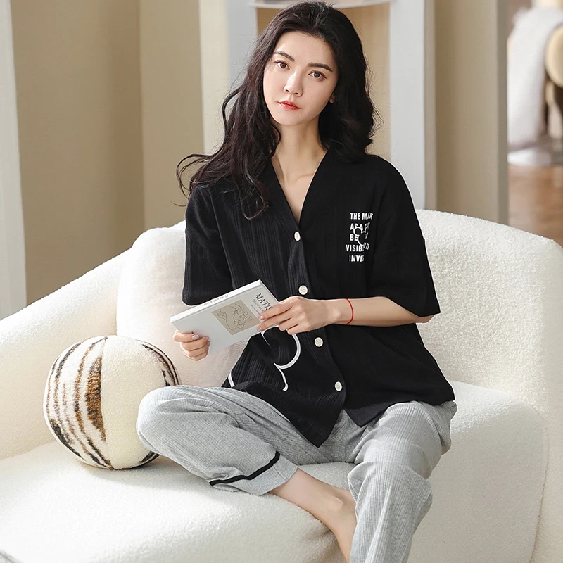 2 pieces Set Kimono Sleepwear Short Sleeves Sleep Tops Long Pant For Women Cotton Pajamas Set pyjama pour femme pijama feminino qweek cotton pajamas for women korean sleepwear heart print pijama female set woman 2 pieces nightwear autumn pyjama long sleeve