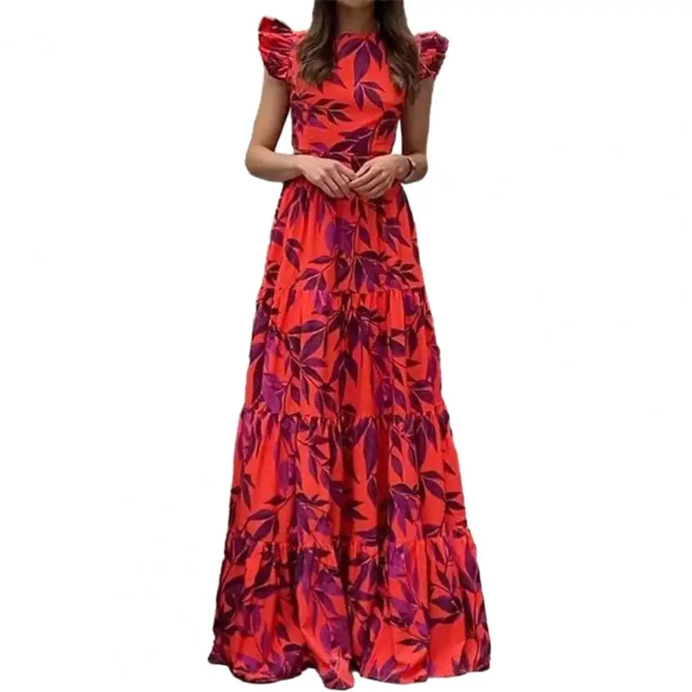 

Casual Loose Cut Dress Elegant Women's O-neck Maxi Dress with Leaves Printing High Waist Backless Lace-up Flowy Ruffle for Any