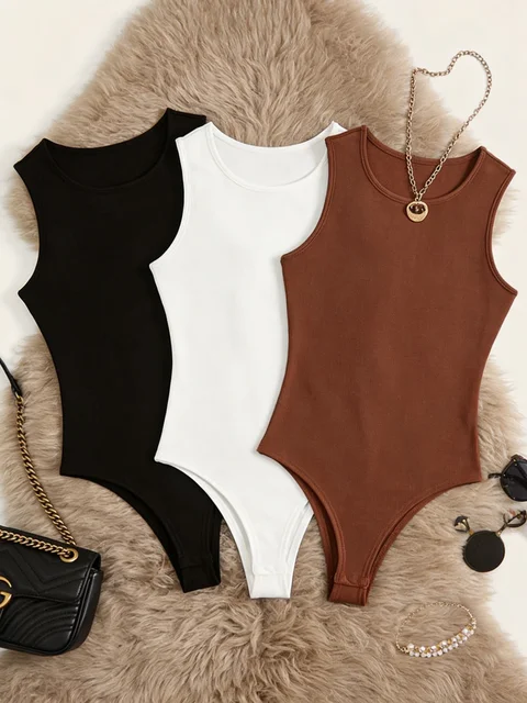 Conjunto de 3 Bodys de Mujer, Cuello Redondo, Acanalados, Sin Mangas, Ajustados, de Una Pieza 4