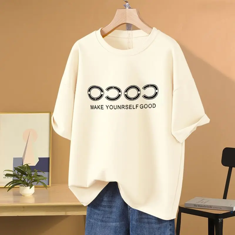 

Women's Letter Printed Short Sleeve Loose T-shirt Summer New Versatile All Cotton O-neck Pullover Lady Basics Top Tees M-6xl