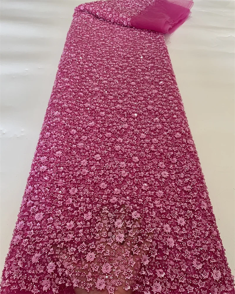 

5 Yards Luxury Handmade Bead Lace Fabric Heavy Sequin Embroidery Fabric Fashion French Tulle Mesh Lace Fabric for Wedding FJ98