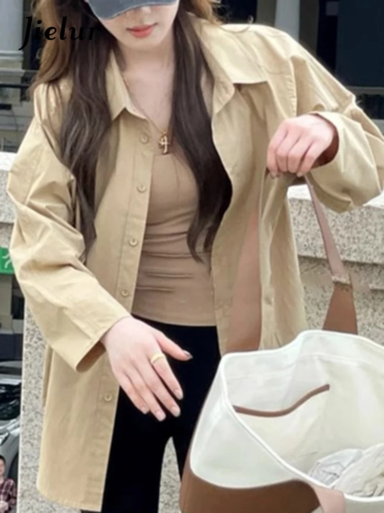 Jielur New Solid Color Slim Women Shirt Spring Fashion Street Long-sleeved Woman Shirt Khaki White Blue Simple Basic Top Female hanorange 2023 street leisure air layer hooded vest women loose silhouette sleeveless sweatshirt top female khaki navy blue