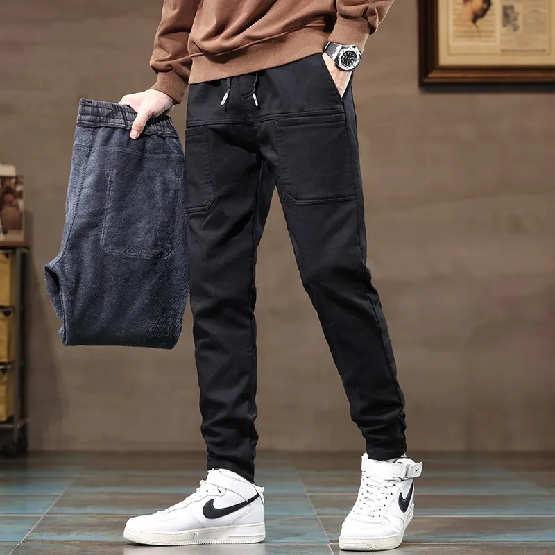 2023 Autumn Winter New High Elastic Six Pocket Jeans Fashion Winter New Plush Pants Long Pants Warm Men's Trousers