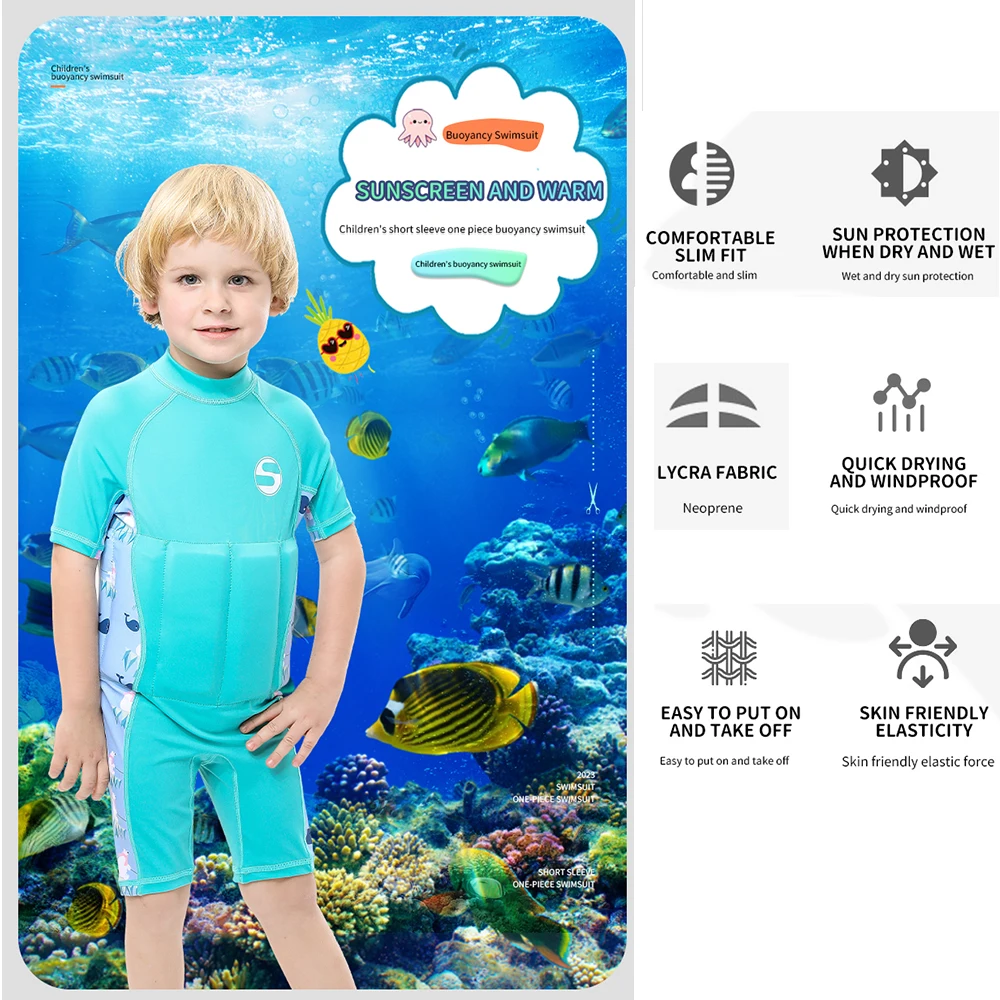 Children's Buoyancy Swimsuit Short Sleeves Warm Sunscreen Quick Dryig One Piece Swimwear Kids Diving Surfing Swimming Beach Wear children swimwear,swimsuit one piece