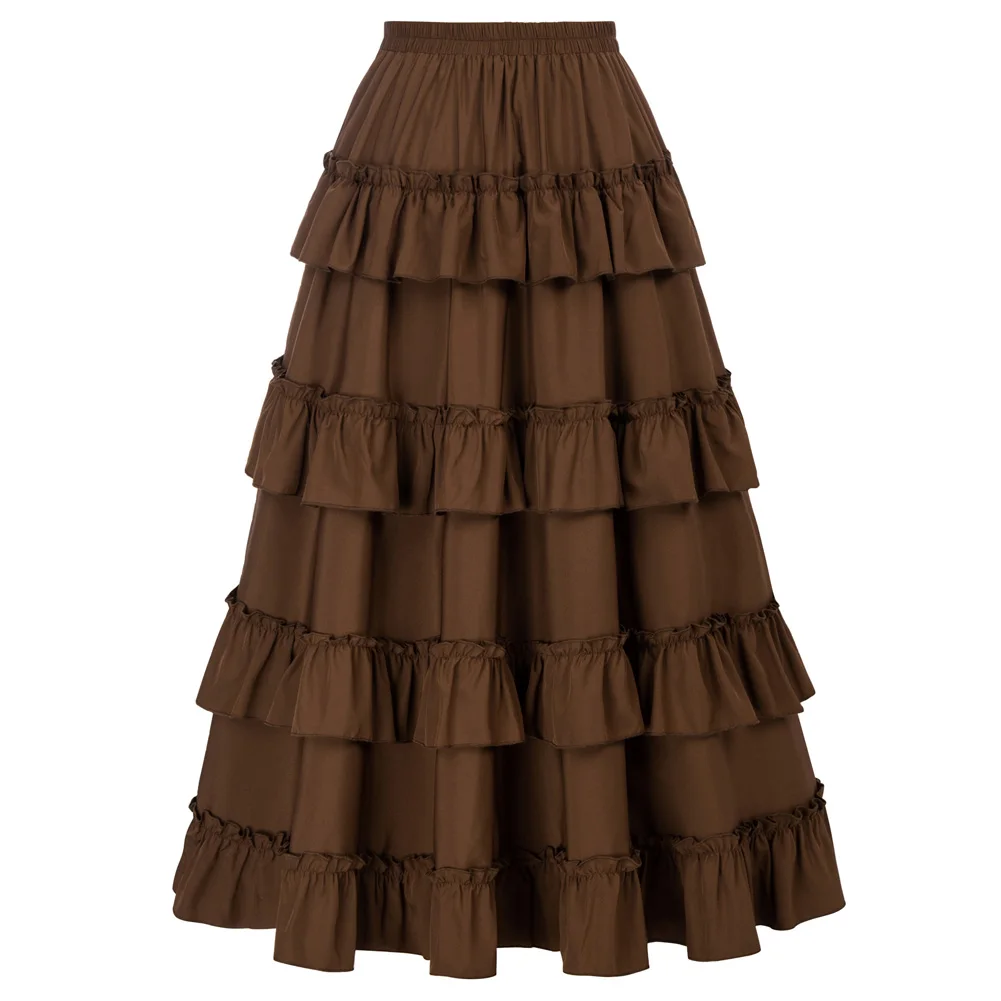 SD Women's Skirt Renaissance Length Adjustable Elastic Waist Front Drawstring Ruffled Solid Elegant Vintage Retro Maxi Skirt