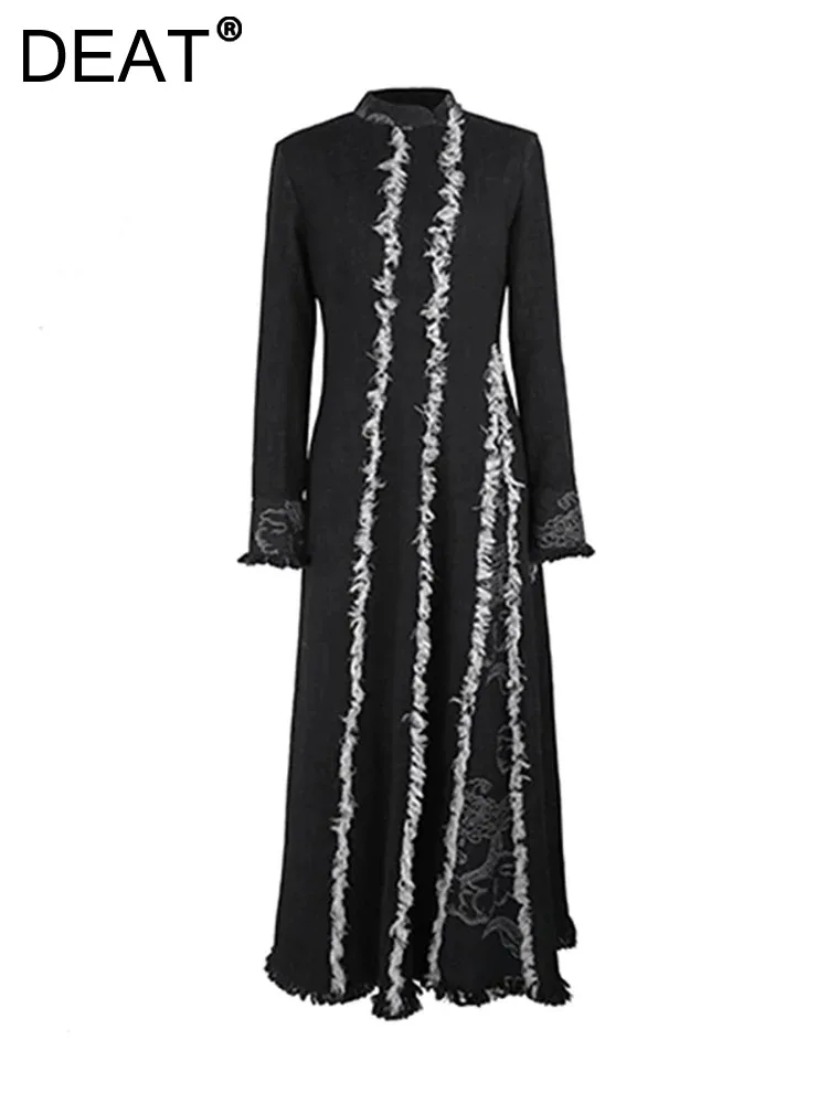 

DEAT Women's Denim Dress Dragon Patterned Jacquard Burrs Patchwork Black Long Sleeve Dresses 2024 Spring New Fashion 29L6774