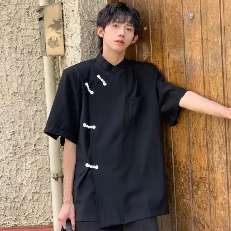 Chinese Style Black White Disc Button Irregular Short Sleeve Tang Suit Blouse Man Summer Fashion Casual Shirt Kung Fu Uniform