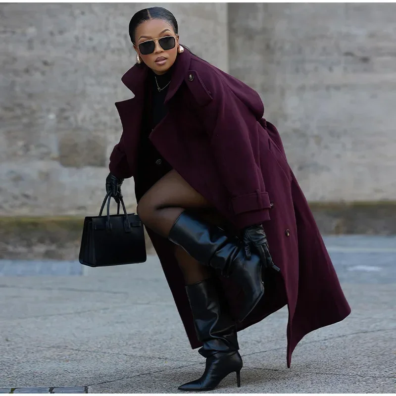 Fashion Burgundy Red Double Breasted Overcoat Women Lace Up Loose Lapel Pockets Long Sleeve Coat New High Street Outerwear