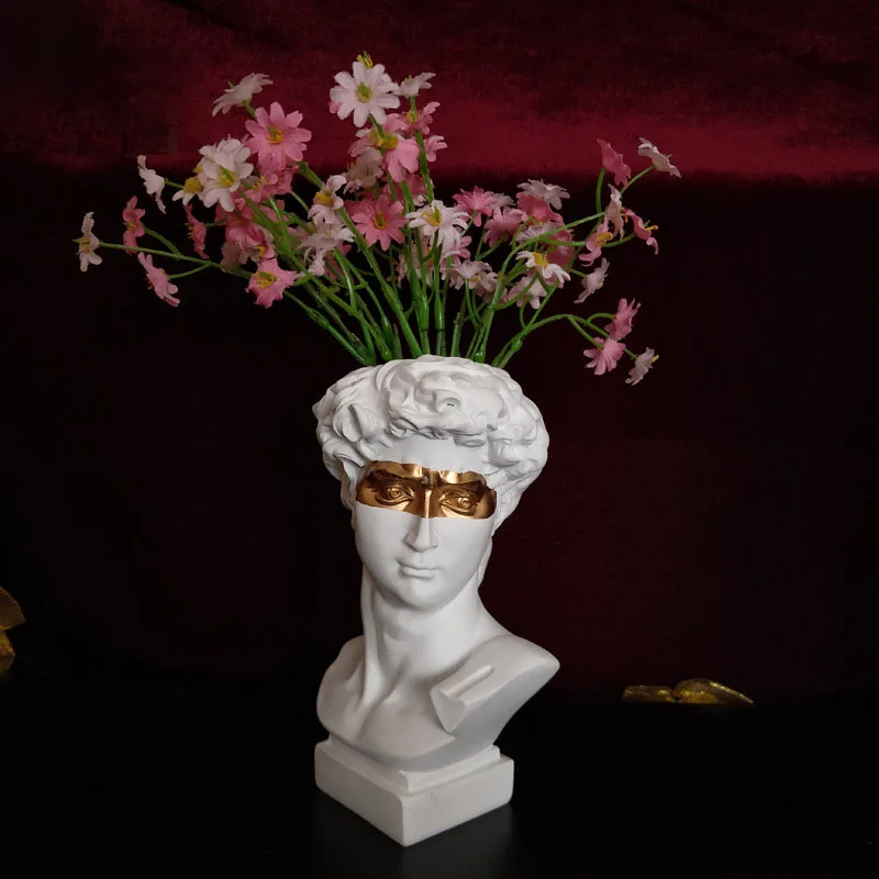 Golden Eye David Head Resin Statue,Dried Flower Fresh Flowers Vase,Makeup Brush Pen Storage Ornaments,Home Decoration Flower Pot 3