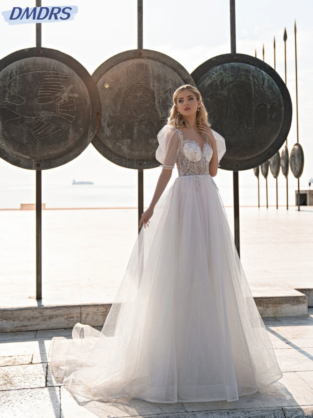 

Romantic Puff Sleeve Bride Robe Sparkly Sequins Beads Bridal Gown Graceful A-line Appliques Long Wedding Dress Robe De Mariée
