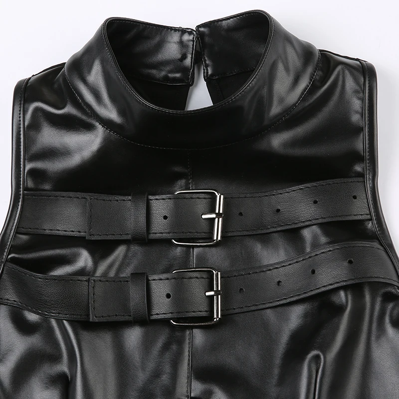 Camiseta sin mangas estilo punk para mujer, de cuero, con hebilla, sin mangas, con cremallera y retazos, estilo hip hop