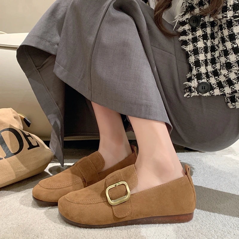 

Flat Shoes Women's Genuine Round Toe Metal Buckle Decoration Soft Ladies Casual Shoes Handmade Loafers Office Ladies Shoes
