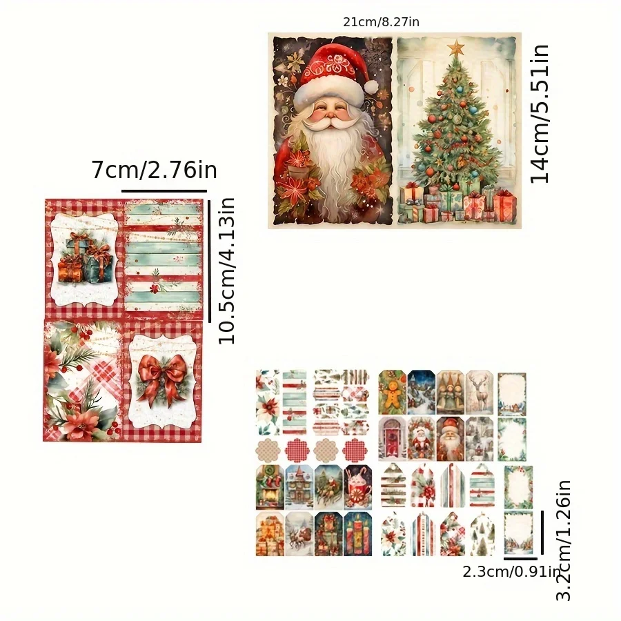 96pcs Card and Sticker Classic Christmas Santa Claus Snowman Xmas Tree Patterns Holiday Party Flag Scrapbook