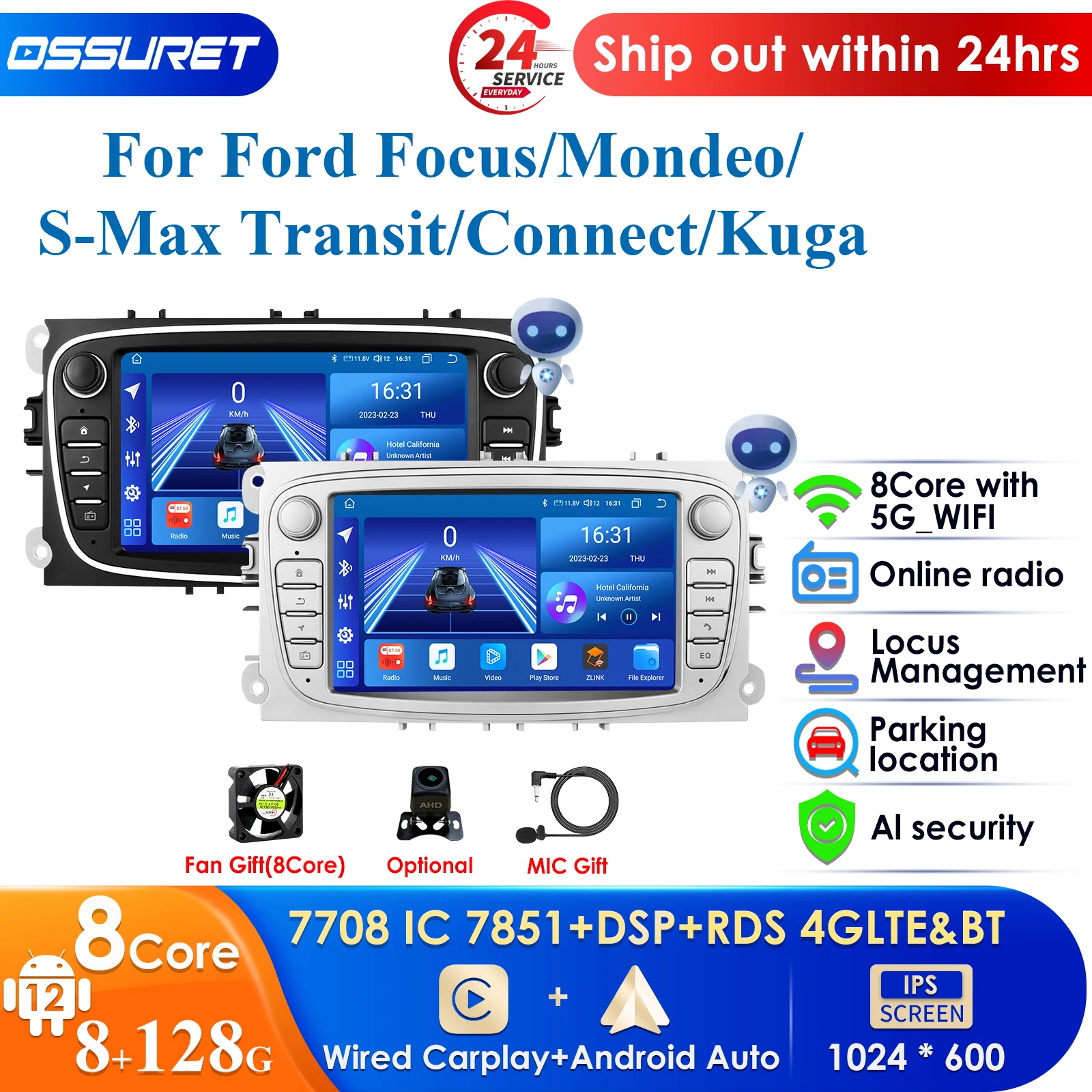 

4G Android 13 2Din Radio Car Multimedia Player 2 Din 7 Inch Autoradio for Ford Focus S-Max Mondeo Galaxy C-Max Kuga Navi GPS RDS